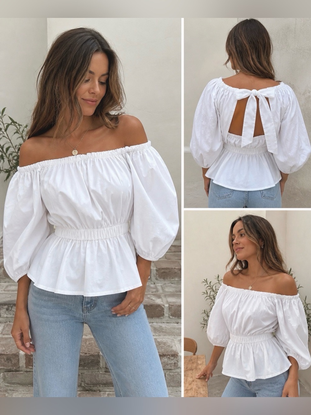 Dee Elly White Off Shoulder Peplum Top Tie Back Puff Sleeve Size Small